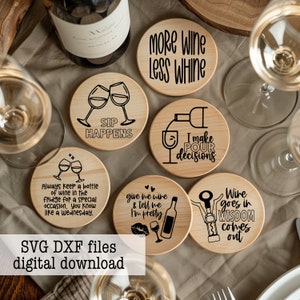 Lot de 6 modèles de sous-bocks / amateur de vin / drôle / gravure / vinyle / cadeau pour Noël de maman - fichier coupe DXF SVG glowforge cricut silhouette