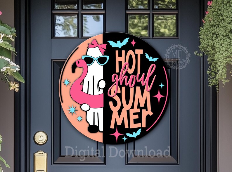 Hot Ghoul Summer Door Hanger: Flamingo, nördigt spöke sommarween (digital nedladdning) laserklar fil bild 4
