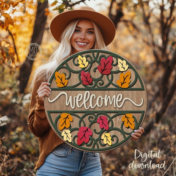 Fall Welcome Sign SVG DXF Files: Autumn Door Hanger (Digital Download)