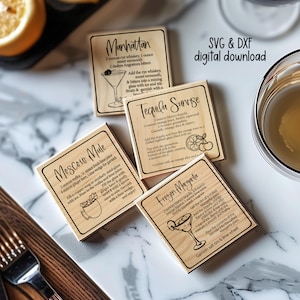 Set di 4 disegni di sottobicchieri/ricetta cocktail/quadrato/incisione/vinile/regalo di Natale - SVG DXF PNG file tagliato laser cricut silhouette