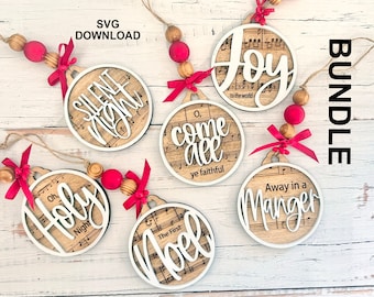 Adornos de decoración escalonada con himnos navideños, para grabar, cortar con láser, archivos SVG DXF, música, fe, cristianismo, catolicismo