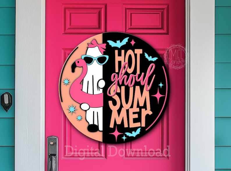 Hot Ghoul Summer Door Hanger: Flamingo, nördigt spöke sommarween (digital nedladdning) laserklar fil bild 3