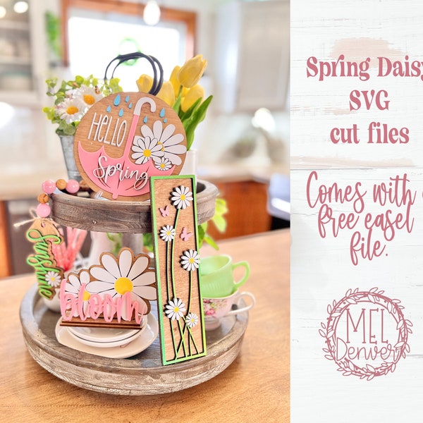 Daisy tiered tray set for spring svg cut file for laser, Glowforge. Cut tested.  Use the umbrella round as a door hanger!