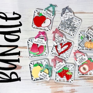 Bundle fruit and seasonal items in tobacco basket with mini sign glowforge, laser files, SVG sign pillar / hanger included, 8 sets