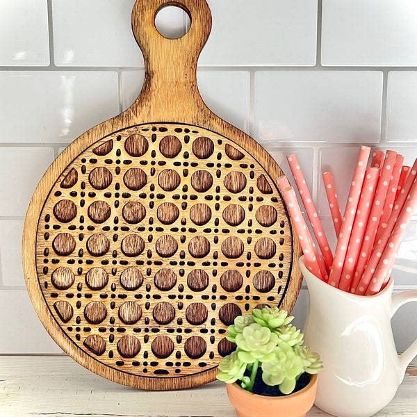 Decorative cutting board with rattan inlay on trend pattern home decor download glowforge, cricut, Silhouette laser cut file SVG