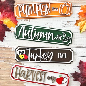 Fall / Thanksgiving tiered tray street signs svg cut files for laser / Glowforge 3d Turkey Trail Pumpkin Pkwy Autumn Ave Harvest Way
