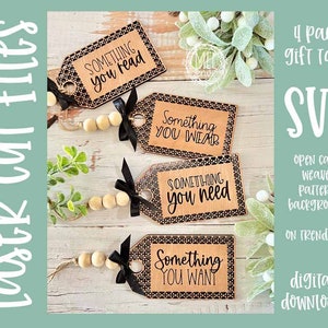 Étiquettes pour cadeaux de Noël quelque chose que vous portez, quelque chose que vous lisez, quelque chose que vous voulez, quelque chose dont vous avez besoin Fichiers svg découpés pour laser / Glowforge SVG