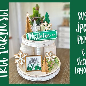 Holiday tiered tray set, Christmas, mistletoe, tree farm, decor, glowforge, cricut, Silhouette laser cut file SVG 3D signs set farmhouse