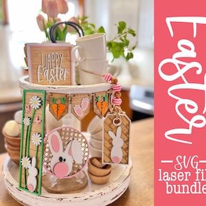 Décoration de Pâques de style cottage, avec panier texture glowforge, cricut, fichier Silhouette découpé au laser, signes 3D SVG, ensemble de plateaux de Pâques classiques à plusieurs niveaux