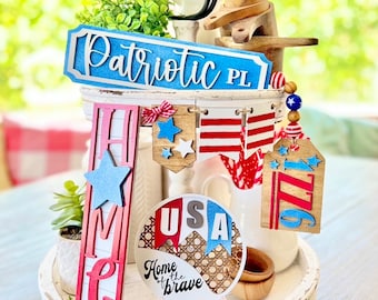 4th of July tiered tray set Patriotic Place street sign, independence Day Memorial Day glowforge, laser cut file SVG digital files