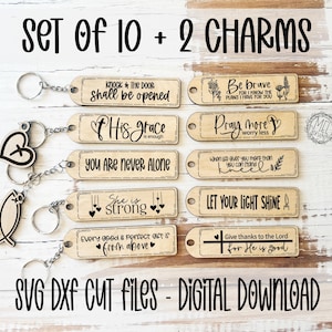 Download digital Fé, chaveiro de presente, etiqueta, conjunto de 10 mais 2 pingentes, Fé / religioso / arquivo cortado a laser, Natal, versículos bíblicos de meia
