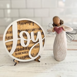 Decoración escalonada con música, fe, cristianismo, catolicismo, himnos y religión, glowforge, cricut, archivo de corte láser Silhouette SVG Joy to the World