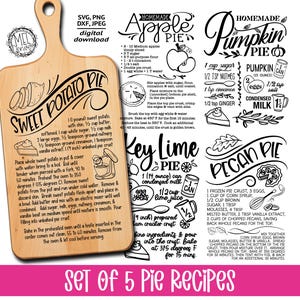 Paquete de recetas de tartas / grabado en una tabla de cortar / nuez, calabaza, manzana, batata y lima - archivos SVG, PNG, JPEG y DXF para regalo