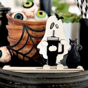 Halloween standing ghost and cat with bats and cobweb svg cut files for laser / Glowforge cut stanley cup Halloween decor digital download