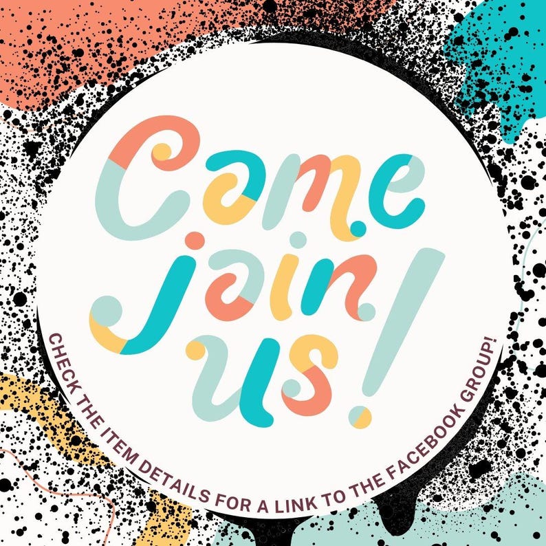 May include: A circular graphic featuring the text Come join us! in a multi-colored, rounded font. The background consists of a white circle surrounded by a black speckled pattern with abstract shapes in peach, yellow, and teal colors.