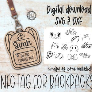 2025年新学期トレンドNFCタグキーホルダーコンタクトIDスクールブックバッグ、タップで連絡先情報svg＆dxfデジタルダウンロード、バックパック