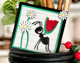 Watermelon cute ant summer sign, mini square sign, svg cut file for laser / Glowforge tiered tray svg summer kitchen hutch dining room