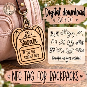 May include: A wooden backpack-shaped NFC tag with a bronze-colored metal clasp, engraved with the name Sarah and the text TAP FOR CONTACT INFO. A square wooden plaque displays various engraved icons including a dog, football, and smiley face.