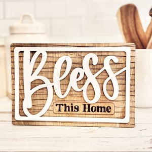 Bénissez ce fichier numérique de maison pour laser avec un fond de texture bois, signe de style ferme moderne, fichiers découpés au laser / Glowforge