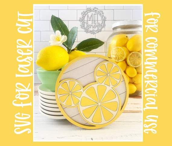 Mickey lemon shiplap circle, mouse lemon svg cut file for laser / Glowforge cut tested lemon tiered tray svg