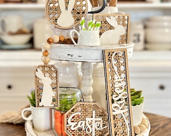 DIGITAL FILE Cottage farmhouse Easter decor, rattan basket background glowforge, and other lasers / cut file SVG classic tiered tray set