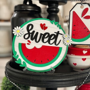 Watermelon &quot;Sweet&quot; sign, round sign with daisies, svg cut file for laser / Glowforge tiered tray svg summer kitchen hutch dining room