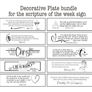 May include: A set of ten decorative plates featuring black and white illustrations and inspirational bible verses. Each plate has a different verse and design, including a cross, a heart, a lion, and a church.