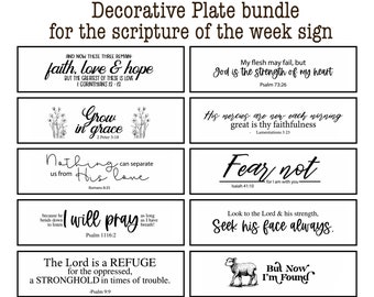 May include: A collection of ten rectangular decorative plates featuring black text and illustrations on a white background. The text includes various religious scriptures and phrases such as Faith, Love & Hope, Grow in Grace, and Fear Not, arranged in two columns.