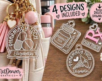 Pharmacy tech gift keychain, tag, bag charm set of 4 laser ready files (digital download)