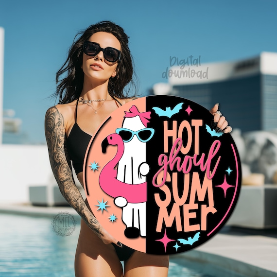 Hot Ghoul Summer Door Hanger: Flamingo, nerdy ghost summer ween (digital download) laser ready file