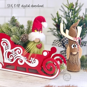 Slitta di Babbo Natale, decorazioni natalizie 3D/feste, file di taglio per download digitale laser DXF SVG 1/8" il materiale si adatta a un foglio 12 x 20