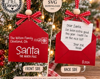 May include: A red envelope-shaped Christmas ornament featuring white text addressed to Santa at the North Pole on the front and a letter to Santa signed by Noah on the back. It includes a red and white ribbon, a wooden bead, and the year 2024.
