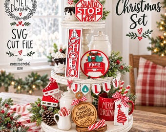 Holiday tiered tray set, Christmas / Santa / decor, glowforge, cricut, Silhouette laser cut file SVG 3D signs set classic farmhouse
