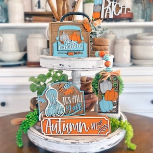 Fall Tiered Tray SVG: Teal Truck, Gourd Laser Cut File (Digital Download)