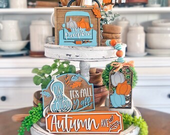 Fall Tiered Tray SVG: Teal Truck, Gourd Laser Cut File (Digital Download)