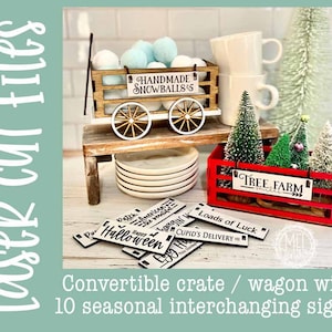 Laser cut crate / convertible wagon with 10 seasonal interchanging signs SVG GlowForge / laser cut file 1/8&quot; material
