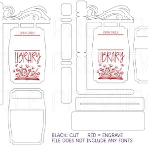 May include: A laser-cut sign design for a library, featuring the word "LIBRARY" in a script font, with floral and book illustrations. The sign includes the text "OPEN DAILY" and is designed for engraving and cutting.