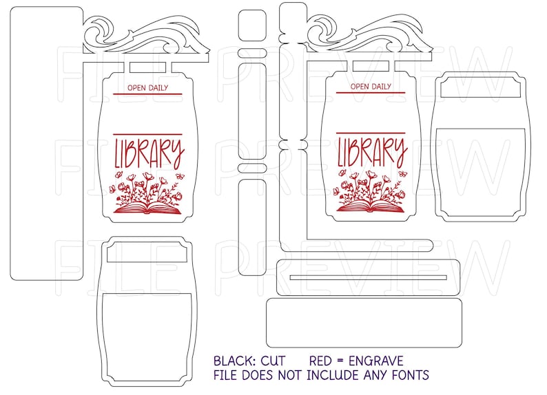 May include: A laser-cut sign design for a library, featuring the word "LIBRARY" in a script font, with floral and book illustrations. The sign includes the text "OPEN DAILY" and is designed for engraving and cutting.