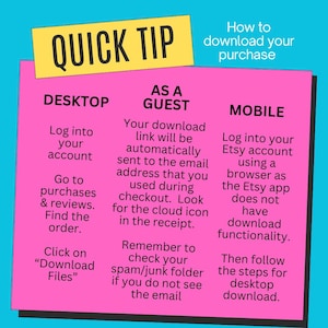 May include: A bright pink informational graphic with a yellow header labeled QUICK TIP. It provides instructions on how to download purchases via desktop, as a guest, or on mobile, noting that the Etsy app does not support direct file downloads.