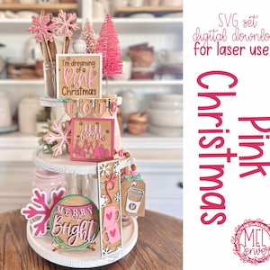 Ensemble de plateaux à plusieurs niveaux pour les vacances de Noël roses, vacances dans la salle à manger, glowforge, cricut, fichier découpé au laser Silhouette SVG rétro vintage coloré