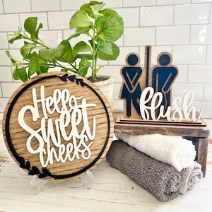Petits pots indispensables | chasse d'eau | Bonjour douces joues pour salle de bain de ferme, silhouette laser glowforge, cricut, fichier découpé numérique