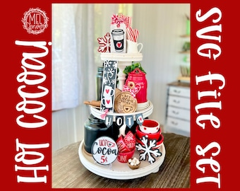 Holiday tiered tray set, Hot Cocoa decor, glowforge, cricut, Silhouette laser cut file SVG 3D signs set classic farmhouse