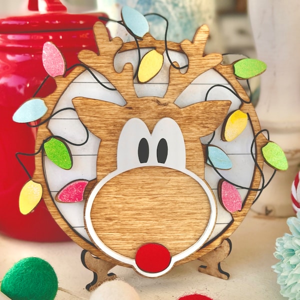 3D laser cut Christmas tangled lights reindeer sign / round winter tiered tray or door hanger svg cut files for laser / Glowforge