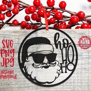 Adorno navideño navideño Imagen de Papá Noel ho ho ho genial Papá Noel con gafas de sol, silueta, cricut, vinilo, archivo de corte digital láser SVG Glowforge