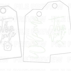 May include: Five rectangular gift tags with rounded top corners and circular holes. Two tags feature the word Welcome in script, two feature the text To Our Home with a small house icon containing a heart, and one tag is blank.