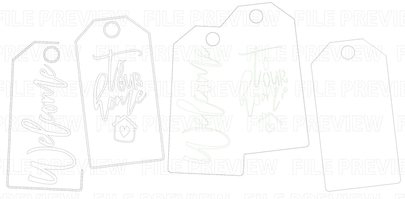 May include: Five rectangular gift tags with rounded top corners and circular holes. Two tags feature the word Welcome in script, two feature the text To Our Home with a small house icon containing a heart, and one tag is blank.