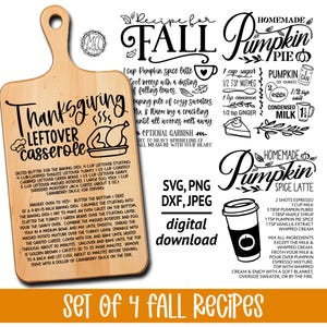 May include: Set of four printable autumn recipe designs on a brown wooden chopping board. The recipes include Thanksgiving Leftover Casserole, Homemade Pumpkin Pie, Homemade Pumpkin Spice Latte, and Recipe for Autumn. The designs are in black and white.