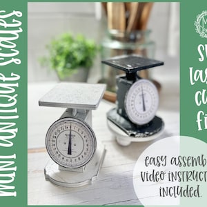 Mini antique look kitchen scale 4.25&quot; tall, 1/8&quot; material SVG cut file for your laser cutter / glowforge, tier tray, hutch, farmhouse decor