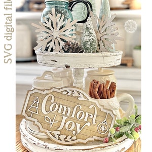 Comfort & Joy Zeichen und Schneeflocken digitale Datei für Laser Laser winter Weihnachtsdekor, Vintage Look Schild svg schneide Dateien Laser / Glowforge