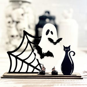 Halloween standing ghost and cat with bats and cobweb svg cut files for laser / Glowforge cut tested 3d Halloween decor digital download